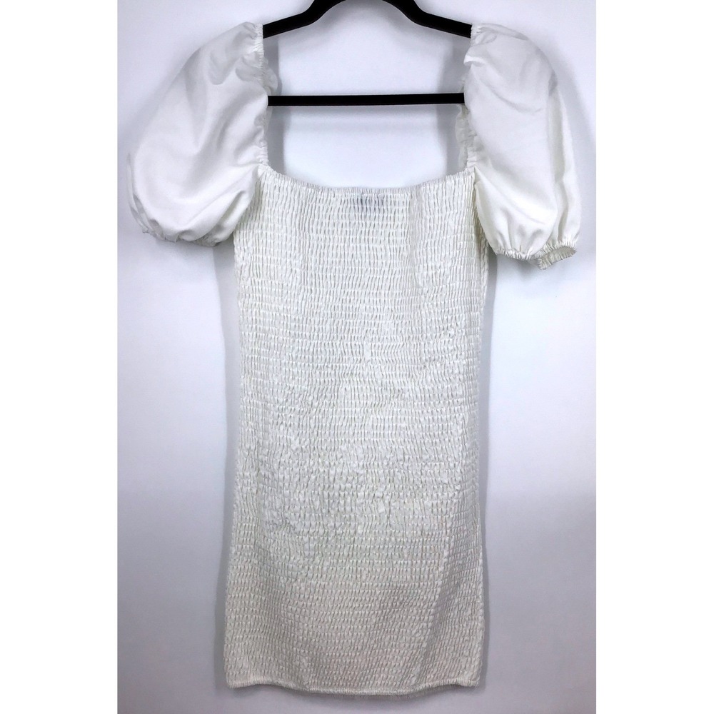 PrettyLittleThing White Smocked Puff Sleeve Square Neck Mini Dress Size 6‎